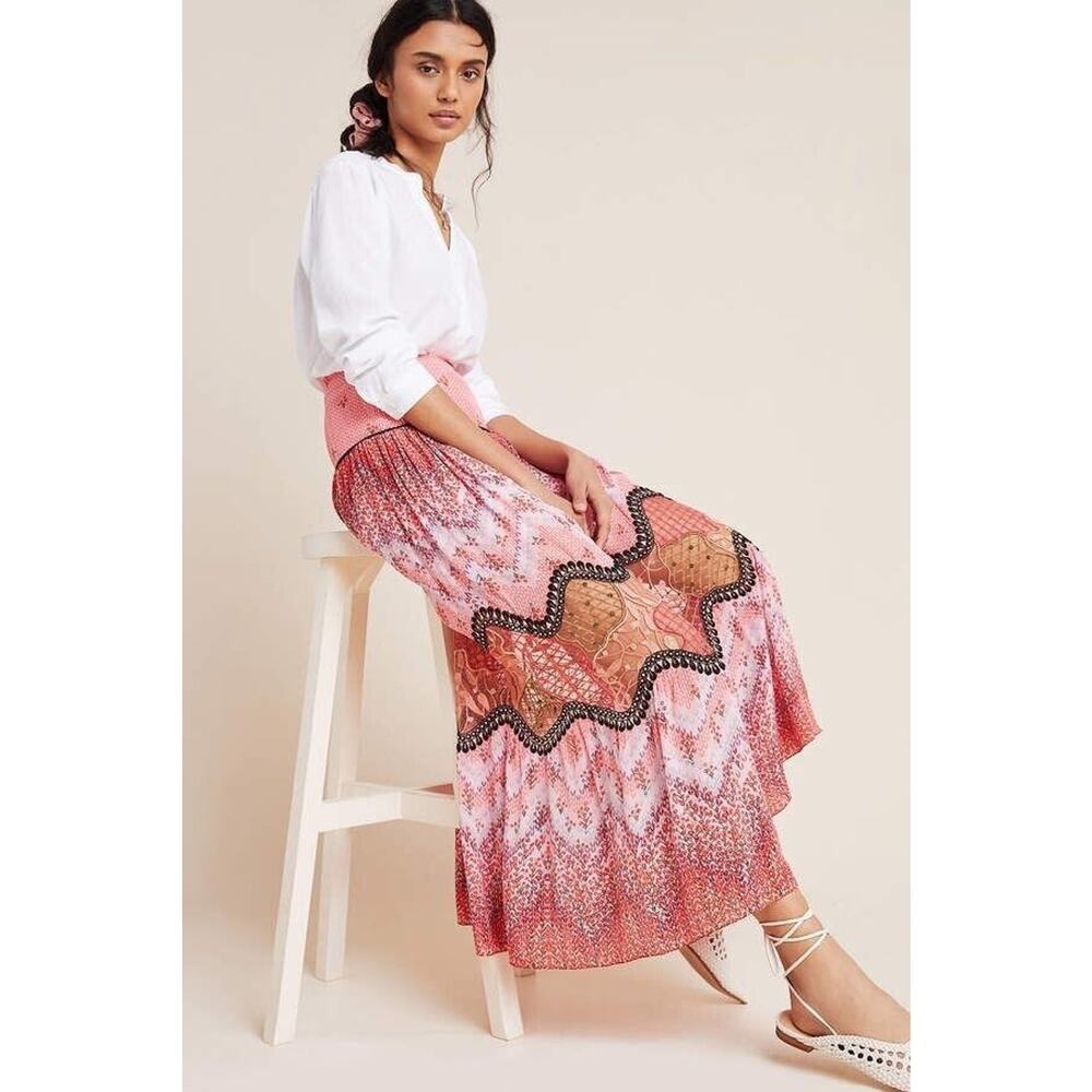 Anthropologie x Bhanuni Jyoti Size 0 Haylie Lace Maxi Skirt Pink Floral Print